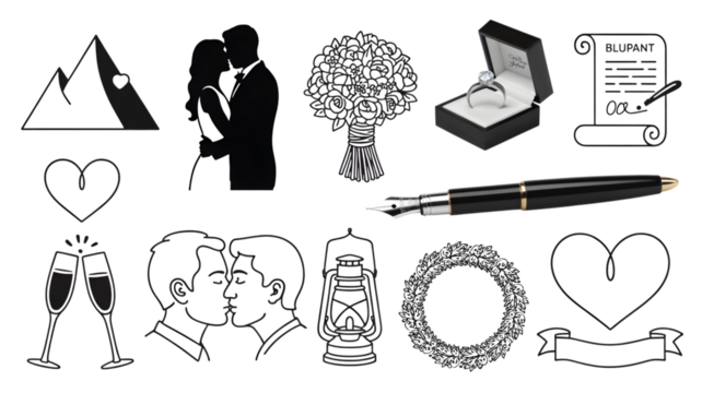 Collection of wedding and romance icons in black and white isolated on transparent background