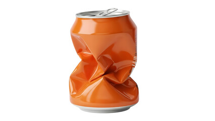 Crushed orange soda can with silver pull tab and white base isolated on a transparent background crushed can