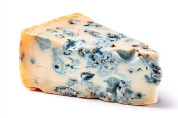 A wedge of creamy blue cheese with distinct blue veins sits on a white background.
