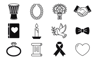 Collection of twelve different black and white wedding icons isolated on transparent background