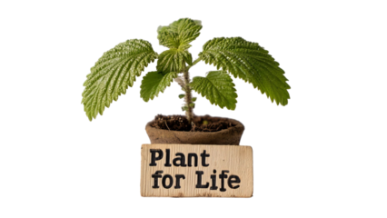 PNG of A vibrant green plant in a pot with a wooden sign reading 'Plant for Life', symbolizing growth and sustainability.