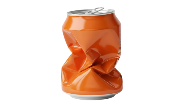 Crushed orange soda can with silver pull tab and white base isolated on a transparent background crushed can
