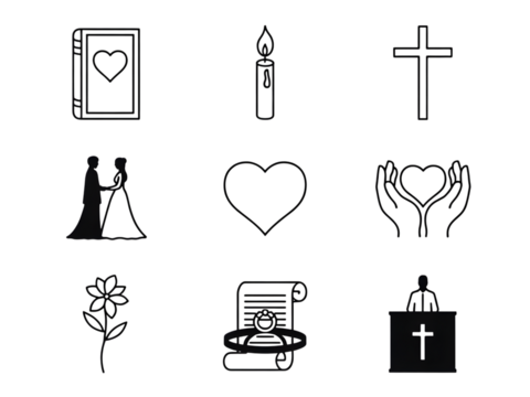 Collection of nine different gothic style icons isolated on transparent background