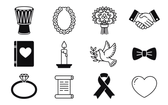 Collection of twelve different black and white wedding icons isolated on transparent background