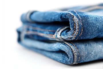 A close-up view of folded blue denim jeans shows texture and stitching details.