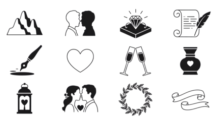 Set of wedding and romance icons in line art style isolated on transparent background