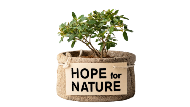 PNG of A thriving green plant in a natural pot labeled 'HOPE for NATURE', symbolizing environmental awareness and sustainability.