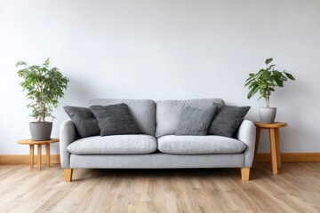 Naklejka premium Contemporary living room arrangement features a comfortable sofa flanked by potted houseplants on wooden side tables