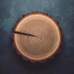 Wood slice on dark textured background showing tree rings and crack