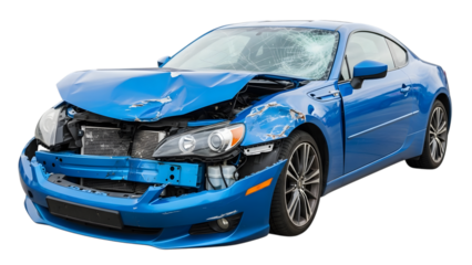 Damaged blue sports car with crumpled hood and cracked windshield isolated on a transparent background