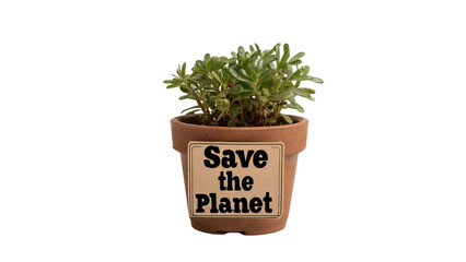 Fototapeta premium PNG of A small green plant in a terracotta pot with the phrase 'Save the Planet' prominently displayed.