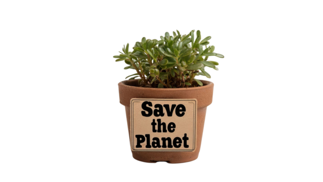 PNG of A small green plant in a terracotta pot with the phrase 'Save the Planet' prominently displayed.