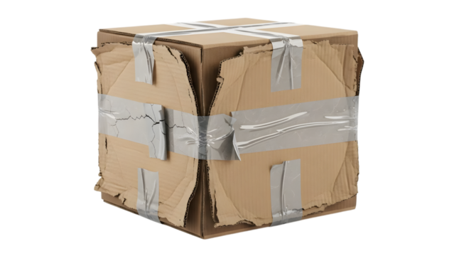 Damaged cardboard shipping box with torn edges and silver tape isolated on a transparent background image - Powered by Adobe