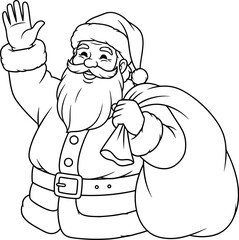 Waving happy santa claus cartoon character holding a big sack of christmas gifts, black and white outline vector illustration for coloring book design.