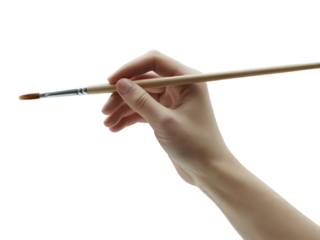 Hand holding paintbrush ready to paint isolated on transparent background