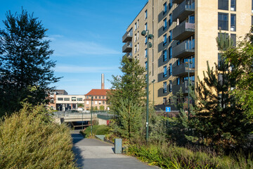 Contemporary urban architecture balancing minimalism and contrast beside greenery along a bright city street in Oslo, illustrating adaptable urban design for the city