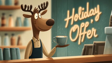 Delightful holiday offer with charming reindeer barista serving warm coffee, perfect for festive promotions and seasonal marketing campaigns, warm inviting atmosphere