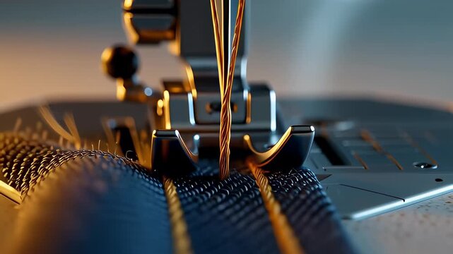 Macro close-up of a metallic sewing machine needle rapidly stitching blue denim fabric with gold thread, illustrating precision manufacturing in the fashion industry.