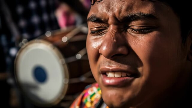 Passionate Lohri Celebration Close-Up of Sweaty Musician Performing with Dhol Drum in Vibrant Festival Setting