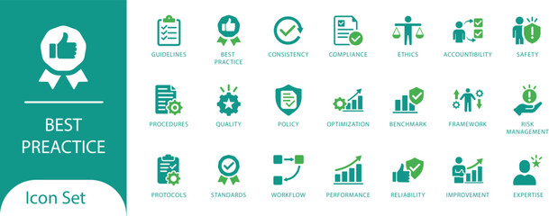 Fototapeta premium Best practice and compliance vectors. Features standards, ethics, risk, and checklist symbols. Ideal for corporate policy, training, and strategy UI.