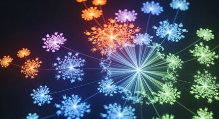 Abstract visualization of a complex, interconnected network with colorful glowing nodes representing data points and connections.