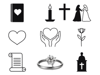 Diamond ring surrounded by symbols of love and loss isolated on transparent background