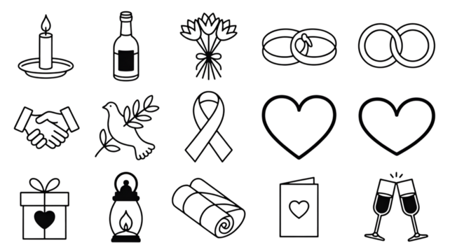 Outlined silhouette of various objects isolated on transparent background