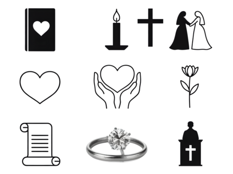 Diamond ring surrounded by symbols of love and loss isolated on transparent background - Powered by Adobe