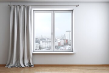 Fototapeta premium Interior room features a large window with light gray drapery overlooking an urban skyline