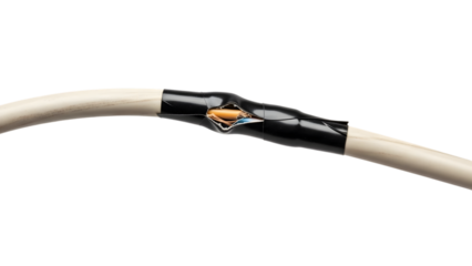 Damaged electrical cable with exposed orange wire and blue insulation repaired with black tape isolated on a transparent background