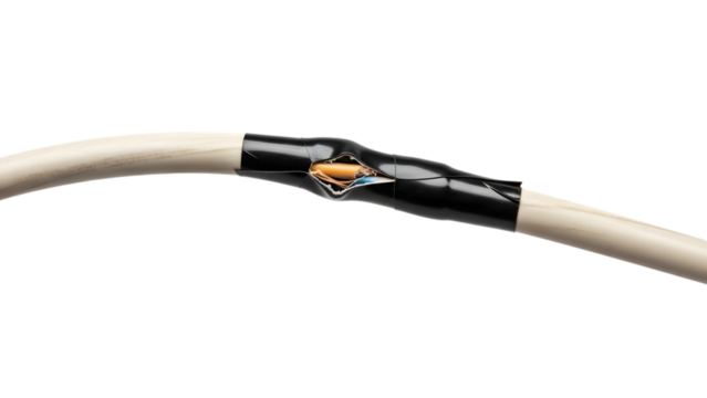 Damaged electrical cable with exposed orange wire and blue insulation repaired with black tape isolated on a transparent background