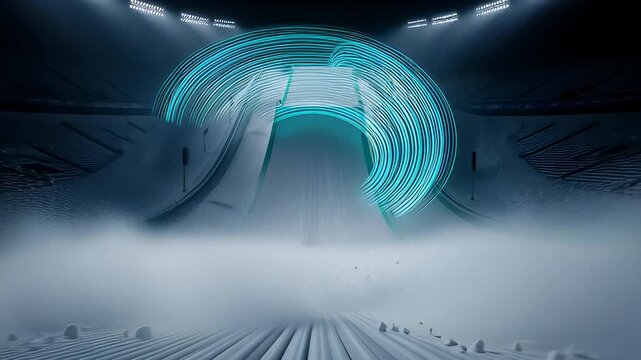 Glowing neon blue light trails speeding down a ski jumping ramp in a snowy night stadium, creating a dynamic winter sports background in 3D animation.