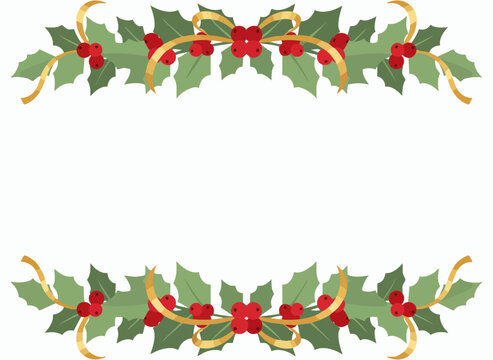 Festive Holly Garland with Red Berries and Gold Ribbons.