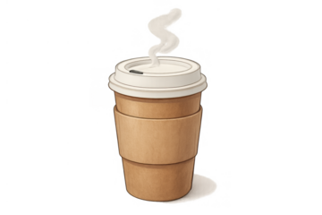 Steaming hot coffee in a disposable brown paper cup with white lid, takeaway beverage, transparent background