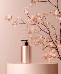 Luxury hair care products in rose gold, brown, and light beige tones, showcasing elegant and minimalist aesthetic for premium beauty.