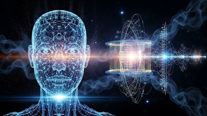 Futuristic AI head with glowing energy waves transmits complex data, envisioning technological advancement and innovative human machine interaction concepts