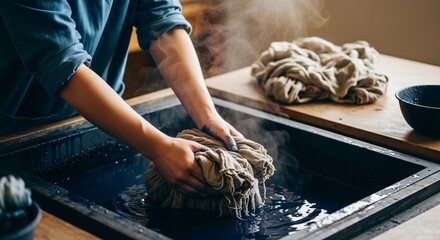 Person's hands wringing out a piece of fabric from a dark dye bath, with steam rising, in a textile workshop setting.