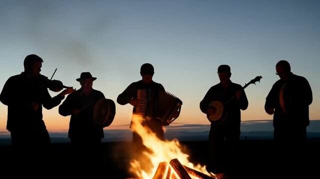 Silhouette Musicians Performing Traditional Music Around Bonfire at Dusk, Representing Lohri Festival Celebrations and Cultural Heritage