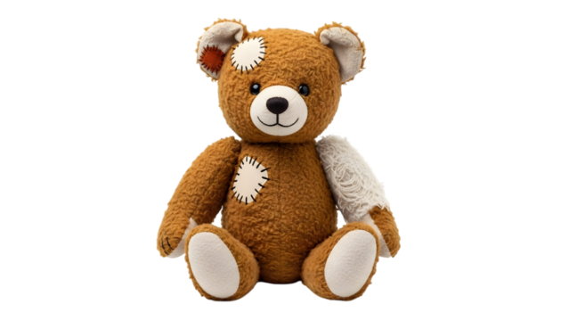 A well-loved brown teddy bear with patches and a mended arm sits patiently isolated on a transparent background