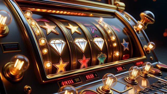 Golden slot machine reels spinning with bright neon lights and diamond symbols in a cinematic 3D animation, representing a lucky casino jackpot win.