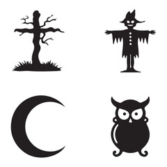Halloween Silhouette Icon Set Creepy Tree, Scarecrow, Crescent Moon and Spooky Owl