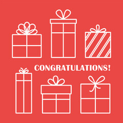 Outline vector illustration of festive gift boxes on red background. Greeting card for birthdays, Christmas, New Year, and Valentine's Day. Gift boxes set