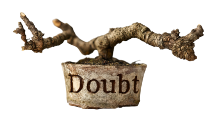 PNG of A small bonsai tree with twisted branches, the pot is inscribed with the word 'Doubt', symbolizing growth through uncertainty.