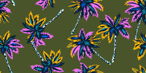 Tropical seamless pattern with hand drawn palm trees. Hawaiian florals summer background for fabric, textiles, clothing, poster, cover, decoration, banner, wallpaper, interior. Vector illustration.