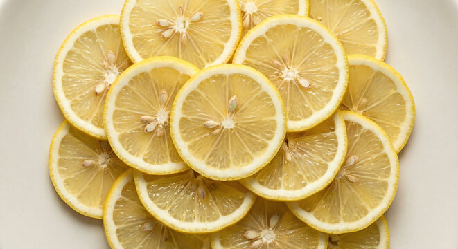 Bright yellow fresh lemon slices arranged on a light background, showcasing vibrant citrus fruit and translucent pulp with seeds from a top view.