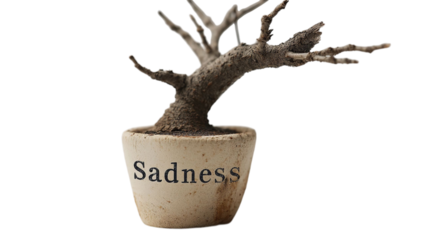 PNG of A symbolic representation of sadness, featuring a barren tree in a pot labeled 'Sadness'.