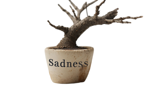 PNG of A symbolic representation of sadness, featuring a barren tree in a pot labeled 'Sadness'.