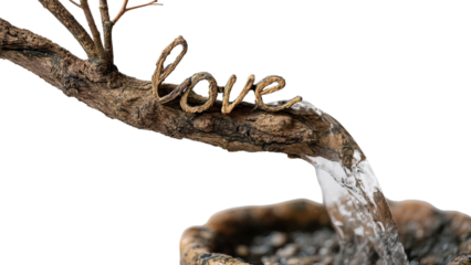 PNG of A close-up of a decorative tree branch with the word 'love' carved into it, with water gracefully flowing from the end.