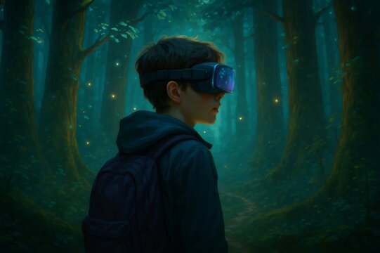 Person wearing a VR headset navigating an immersive digital forest environment with glowing firefly lights, merging tech with nature