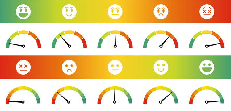 ゲージメータと顔のアイコン。赤と緑のグラデーションによる顧客からの満足度。感情に応じた評価。